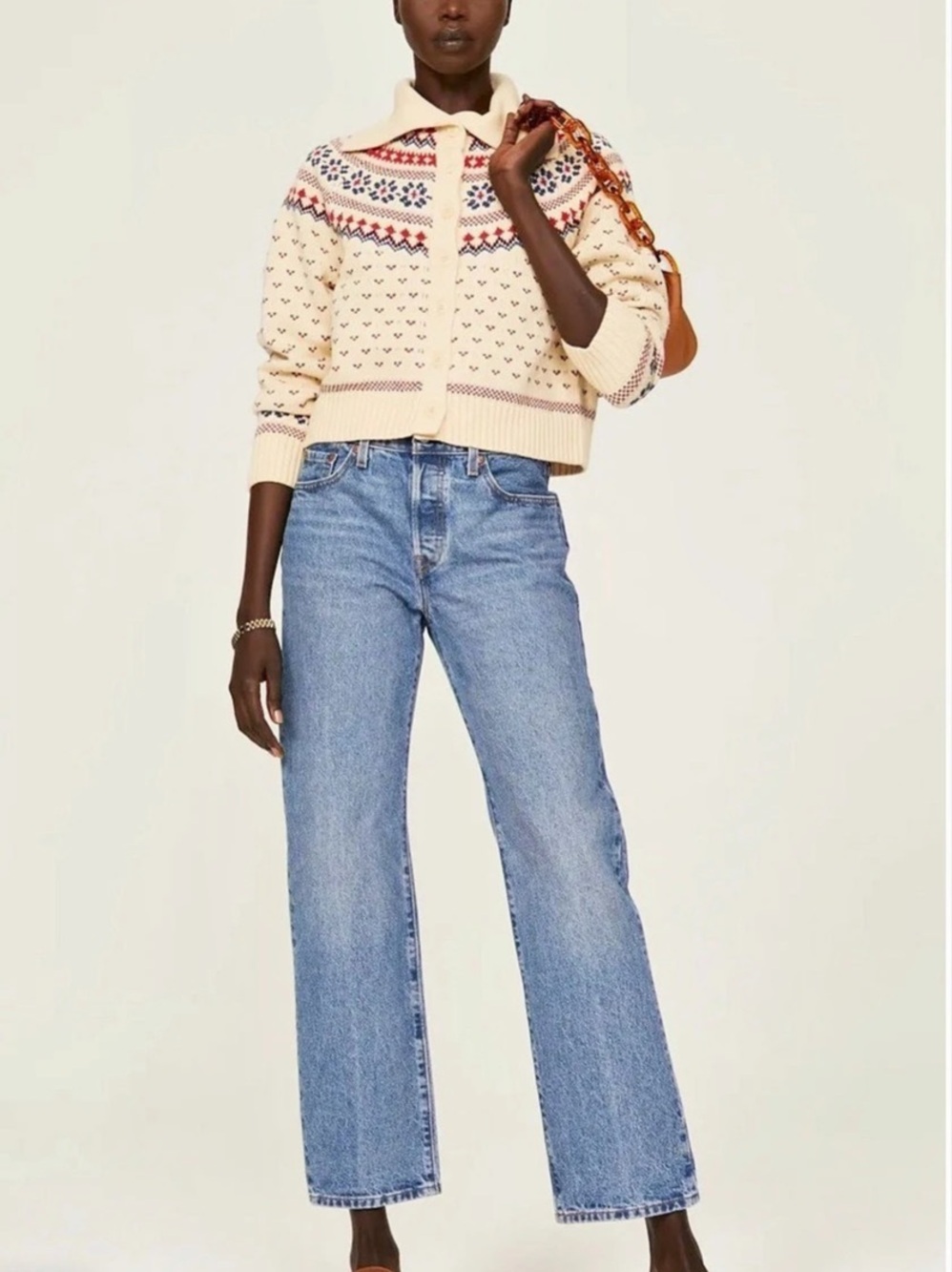 The Great. Fair Isle Cropped Cardigan in Cream - Picture 6 of 12